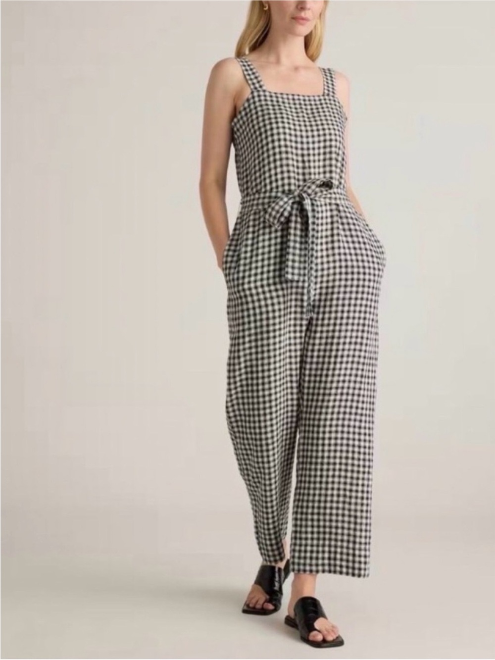 Quince Black & White Gingham Tie-Waist Jumpsuit
